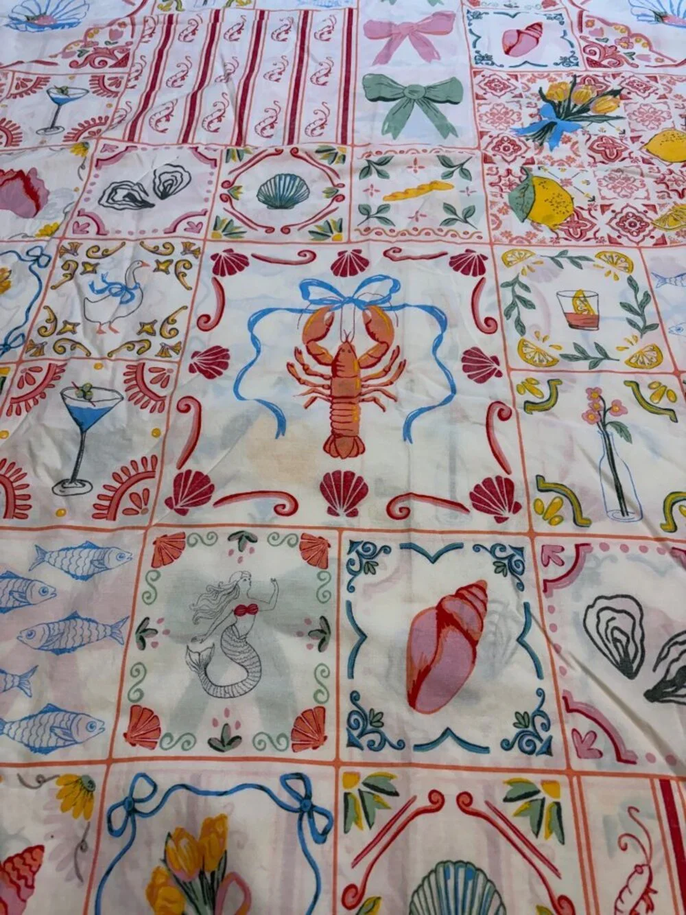 URBAN OUTFITTERS Porto Tile Whimsical Mermaid Lobster Flat Sheet FULL 84X103